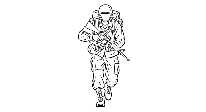 Soldier Running with Rifle and Backpack, Military Action, Combat Readiness