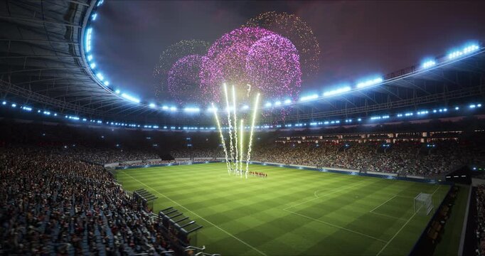 Soccer Championship Stadium Game Start Player Ready in Line. Opening Ceremony Match Beginning with With Fireworks for a League Cup World. 360 degrees Camera Shot around Firework, Field, Crowd