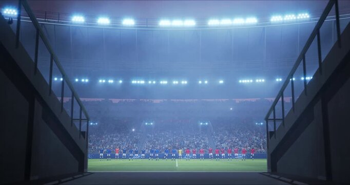 Football Championship Stadium Opening Ceremony, Teams Lineup Standing, Ready for a Match. League Cup World Match Game. Moving Camera Tunnel Wide Field Shot.