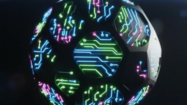 Futuristic electronic soccer ball rotating with neon circuit board patterns against a dark background.