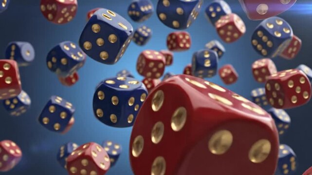Numerous red and blue dice with gold dots swirl in a 3D animated slow motion gambling concept