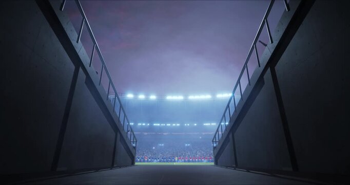 Soccer Championship Stadium Opening Sets a World League Cup Match Game Ceremony Before Kick-off, With Football Teams Lined up for Anthem. Slow Camera Movement Through Tunnel Toward a Wide Field View.