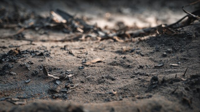 Burnt ground with ash, charcoal and dry leaves after wildfire in close-up view