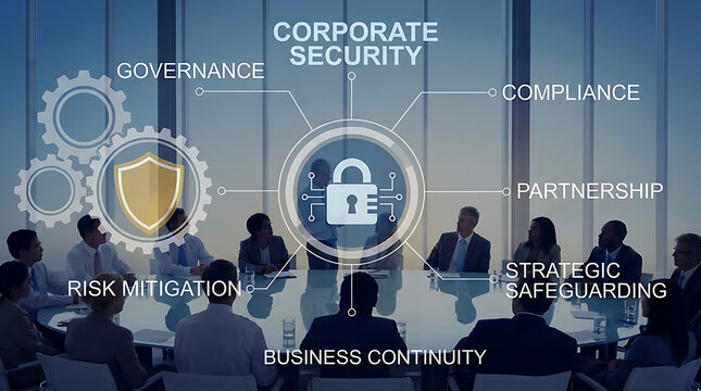 Corporate Risk Mitigation Concept Showcasing Security Protection Governance Compliance Partnership Strategic Safeguarding Enterprise Management and Business Continuity
