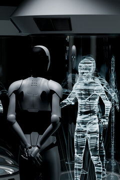 3D android mirror simulation in dark AI chamber view