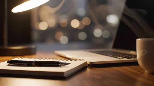Cozy Workspace - Laptop, Notebook, Pen, and Coffee Cup.