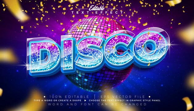 Disco Party Text Effect Design Editable Vector Graphic Style Effect with Editable Disco Ball Pattern Typography Lettering on Falling Gold Confetti Background. Premium Musical, Luxury Casino Night Club
