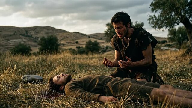 Biblical fraternal sorrow: Cain grieve, Abel demise, Bible narrative, religion concept, primal sin, human fall, sacred story, ancient conflict, divine curse, brother lament, desolate field.