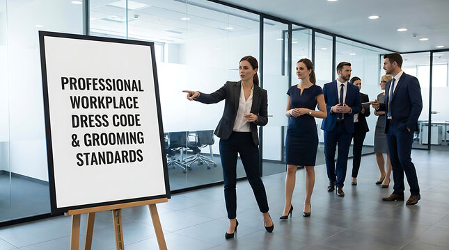 Formal Professional Workplace Dress Code Policy and Corporate Grooming Standards Concept for Business Attire Office Etiquette and Executive Employee Conduct Regulation Guidelines
