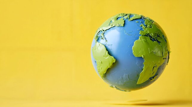 Colorful globe model depicting Earth with green continents and blue oceans, floating against a bright yellow background, ideal for educational or environmental themes