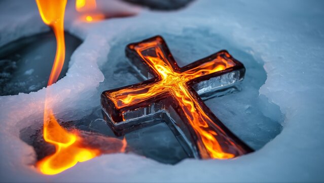 Burning Cross with Fire and Ice Contrast Concept