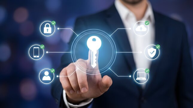 Digital security key, a businessman's hand touching a glowing virtual key icon, surrounded by secure data protection symbols. Cybersecurity concept for online privacy, access control