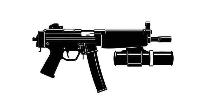 Black silhouette of a submachine gun with a silencer and tactical flashlight attachment