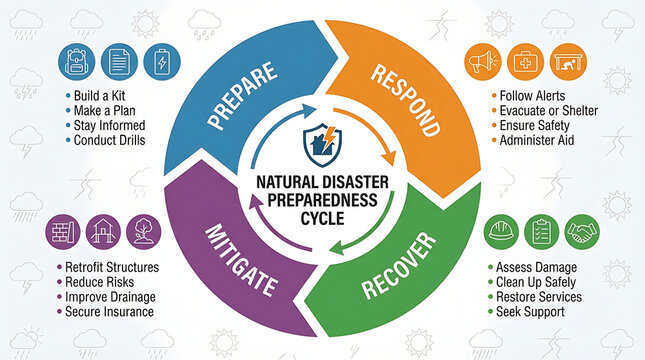 Professional natural disaster preparedness cycle infographic presenting emergency response management, risk mitigation strategy, and recovery phases with prepare, respond, and mitigate steps.