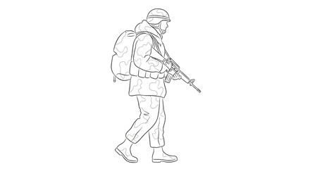 Obraz premium Soldier Walking with Rifle and Backpack, Military Camouflage, Winter Gear