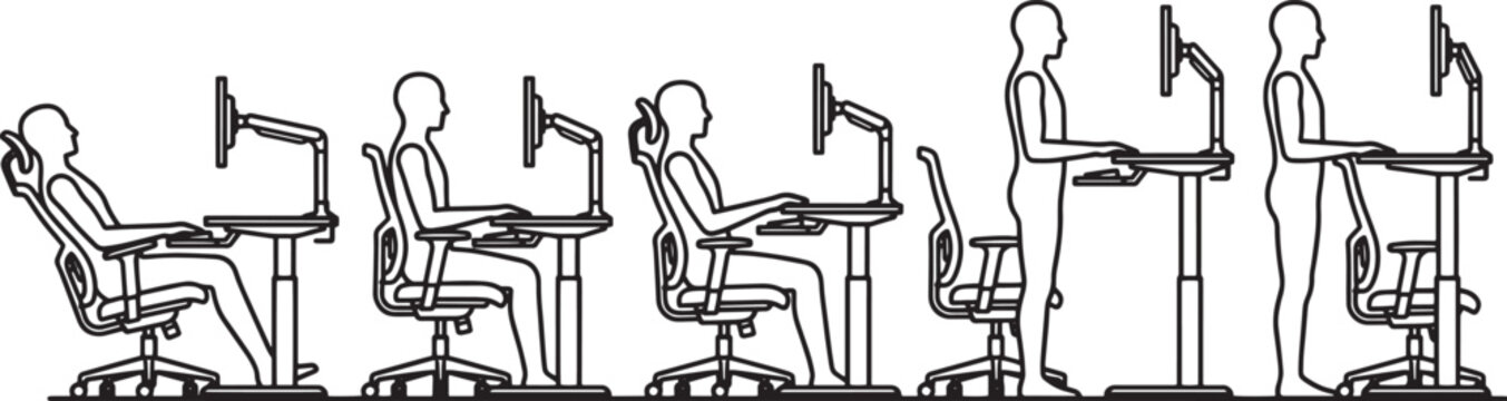 A detailed illustration showcases the proper ergonomic posture for working at a computer, highlighting sitting and standing positions with an elevated workstation. 