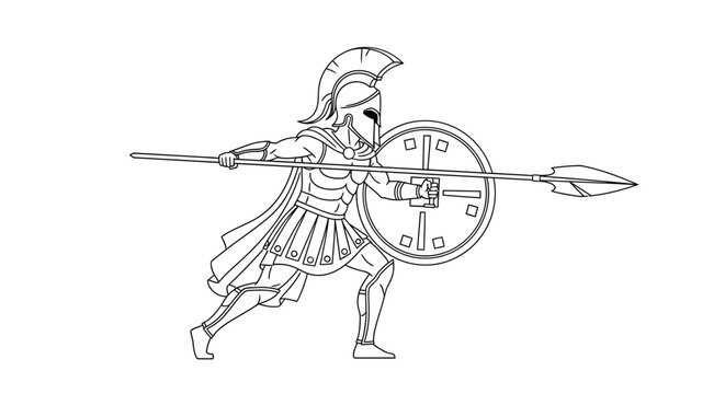 Spartan Warrior with Spear and Shield, Ancient Greek Soldier, Line Art