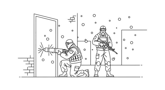 Special Forces breach door with battering ram, tactical operation, combat scene