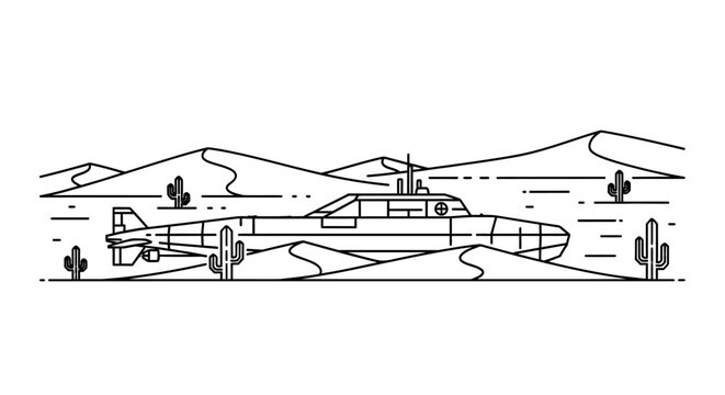 Surreal desert landscape with a submarine and cacti, minimalist line art illustration