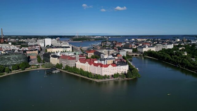 Aerial view of Tokoinranta, Helsinki city on a sunny day, waterfront park, urban landscape, clear weather