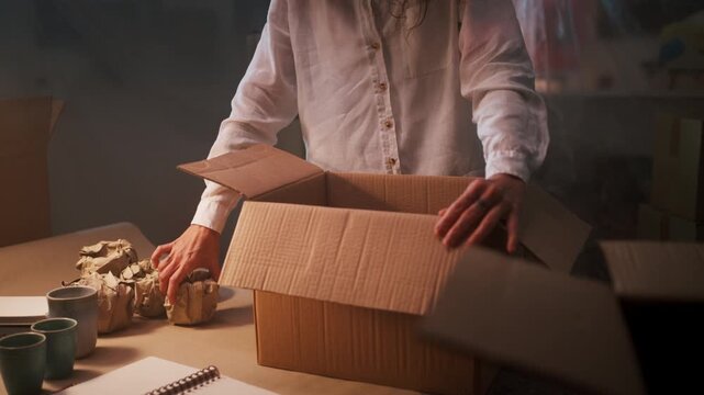 Packaging Items With Attention Details. Seller Meticulously Arranges Items In Cardboard Box For Shipment