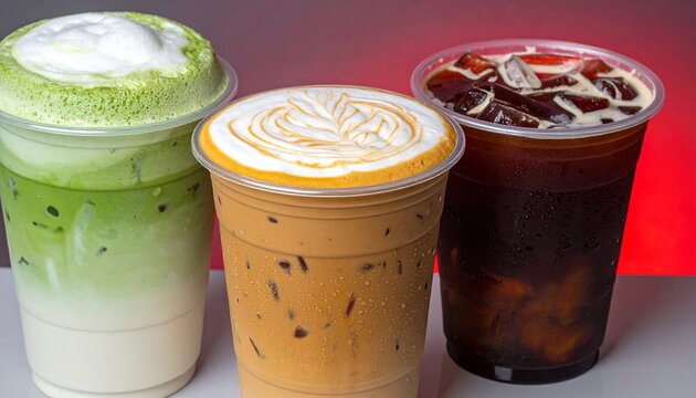Three refreshing iced coffee drinks: matcha latte, cappuccino and cold brew