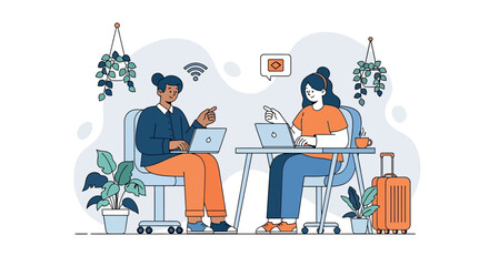 Fototapeta premium Two Female Digital Nomads Collaborating on Laptops in Remote Workspace