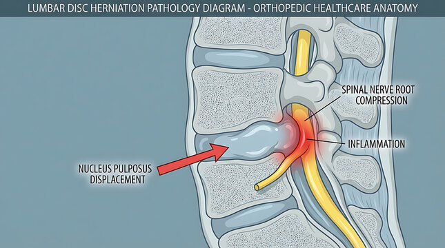 Detailed medical illustration of lumbar disc herniation showing spinal nerve root compression and nucleus pulposus displacement with back pain inflammation for orthopedic healthcare anatomy