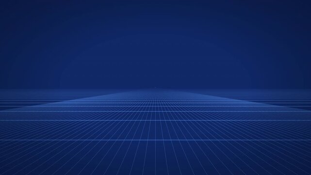 Digital wireframe grid perspective stretching to the horizon with a deep blue gradient background