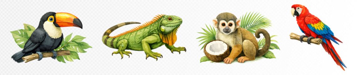 Obraz premium Tropical watercolor animal collection with toucan, iguana, monkey and parrot, exotic jungle illustrations with lush green leaves for children design, nursery decor, stickers and educational prints