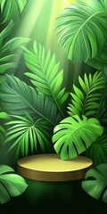 Obraz premium Tropical Rainforest Scene with Lush Greenery, Soft Lighting, and a Serene Natural Spring Background