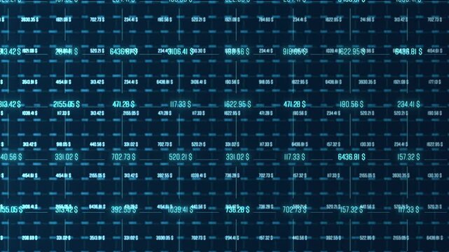 Financial figures, stock prices, blue data grid,  market data, spreadsheet. Growth, analyzing wealth, investment strategy, business, data processing, research, progress.