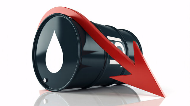 A black oil barrel with a red arrow pointing downwards, indicating a decrease in oil prices or production.