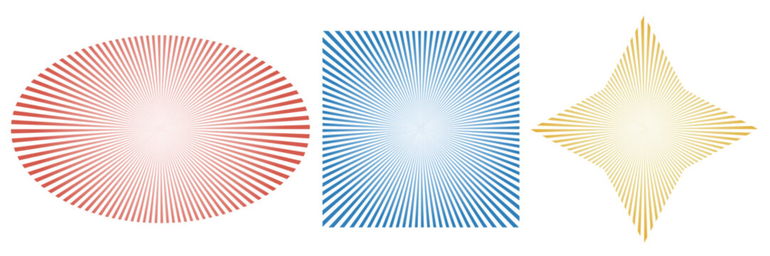 Sun line burst in square, star, oval shapes. Spark radiance form. Sun radial rays, firework, explosion frames