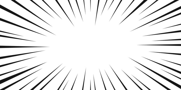 Comic book background with black speed lines. Action manga burst frame for dynamic explosion and fast motion effect. Abstract graphic template for web and print design. Vector illustration