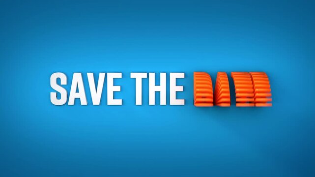 Save the date. Rotating letters in orange and white. Animated text, blue background.