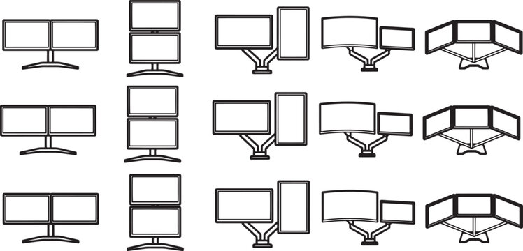 A collection of modern monitors arranged in a variety of configurations, set against a pristine backdrop. This image showcases the flexibility and versatility of computer display systems.