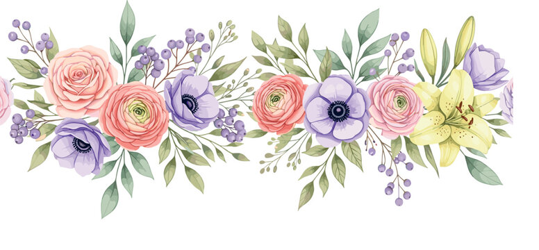 Elegant Floral Border Vector Illustration with Pink Roses, Purple Anemones, Yellow Lilies, and Berries for Wedding Invitations, Spring Banners, and Romantic Header Designs