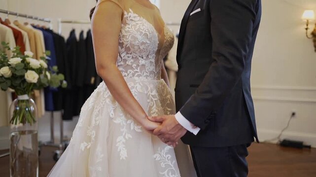 Vertical video: Clasping couple in bridal salon for fitting, groom cupping bride's hands over gown