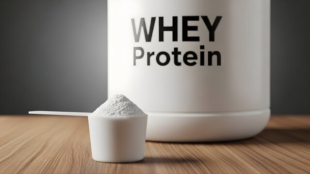 White plastic scoop filled with whey protein powder next to large supplement container on wooden table with gray background with resting wooden surface