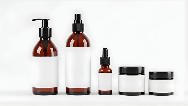 Collection of amber glass cosmetic bottles with white labels and black caps on white background with bottles blank set amber packaging container