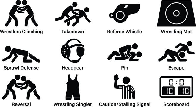 Wrestling icons on white background including grappling moves and referee signals