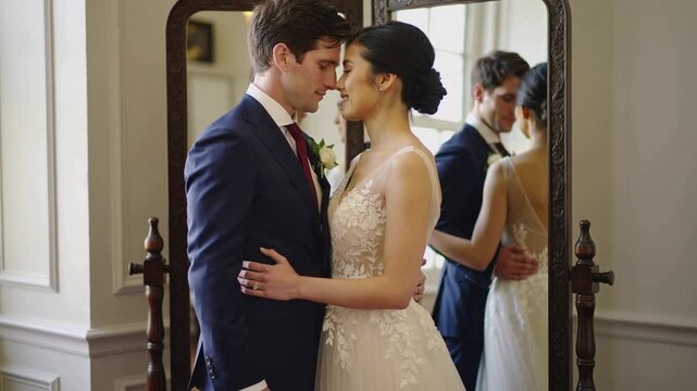 Leaning lace-gowned bride and groom pressing heads at venue as usher adjusting tie, ring in mirror