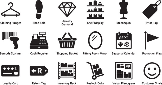 Retail store essentials and shopping accessories flat set clothing hanger shoe sole jewelry diamond shelf display