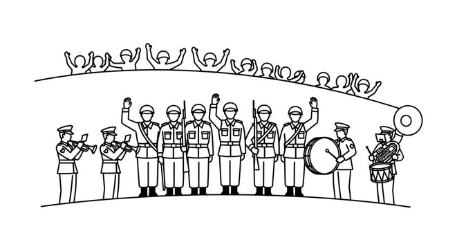Military Band Parade with Cheering Crowd - Line Drawing
