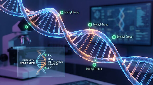 Glowing 3D double helix model illustrating epigenetic modification and dna methylation for molecular biology research genetics and biomedical education showing chromosome science and biotechnology