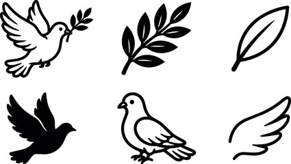 Fototapeta premium Black and white outline and silhouette dove holding olive branch vector art set