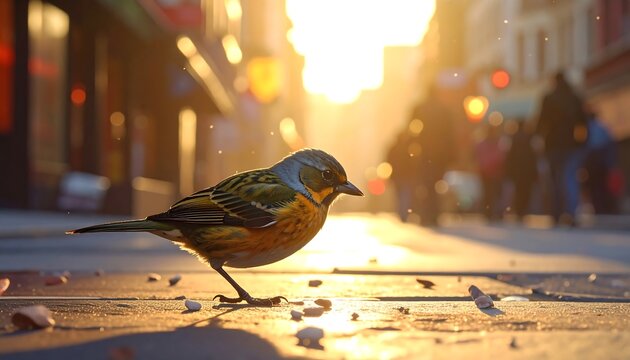 A small bird stands on a city street at sunset