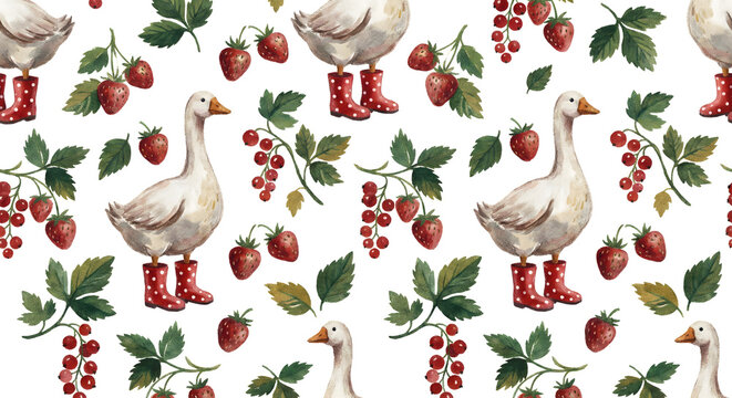 Whimsical seamless watercolor pattern of a white goose in red polka dot boots with strawberries and red currants. Elegant hand-painted culinary illustration on a clean white background.
