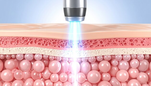 Cross-section of skin receiving laser treatment. Blue light penetrates layers